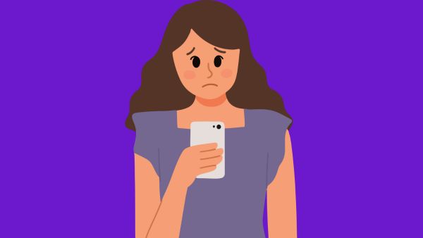 Ilustração de uma mulher com expressão preocupada segurando um celular, representando a ansiedade que pode ser reduzida ao ocultar curtidas no Instagram.