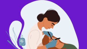 Ilustração representativa de Lash Designer aplicando extensão de cílios em cliente