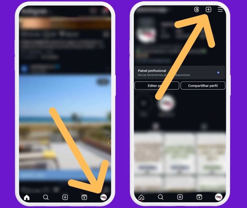 Capturas de tela com indicativos em onde acessar o perfil e depois em ícone de criar novo conteúdo no Instagram