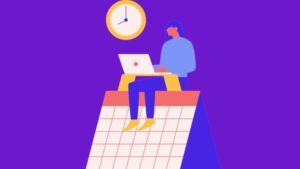 Desenho representativo de criadora de conteúdo programando posts no Instagram
