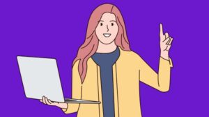 Desenho representativo de mulher segurando notebook e com dedo indicador apontado para cima demonstrando autoridade