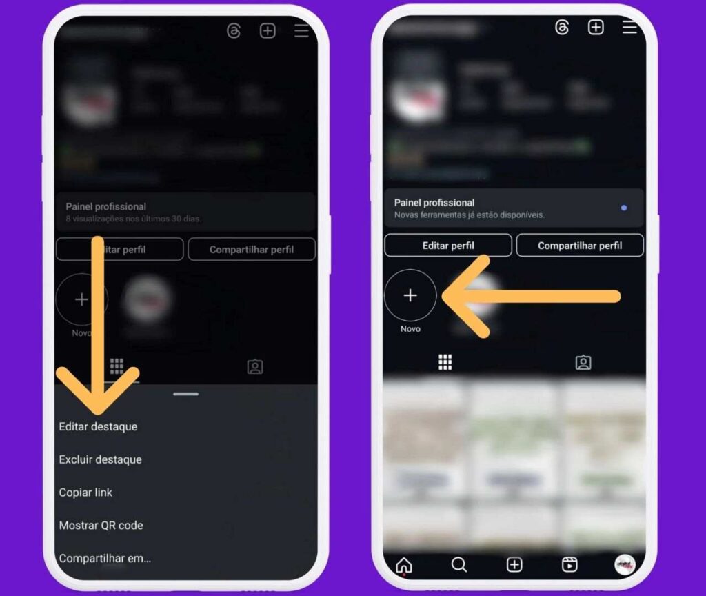 Perfil do Instagram com indicativos de onde editar destaques e criar um novo