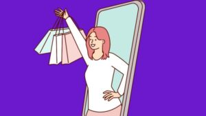 Desenho representativo de cliente feliz após fazer compras online em loja de roupas do Instagram