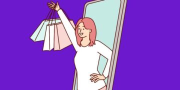 Desenho representativo de cliente feliz após fazer compras online em loja de roupas do Instagram