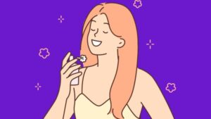 Desenho representativo de mulher passando perfume comprado em loja que conheceu no Instagram