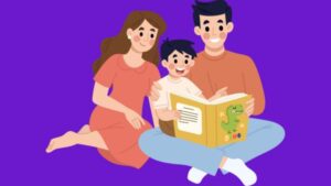 Desenho representativo de pais contando histórias para filho
