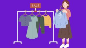 Desenho representativo de mulher vendendo roupas em brechó