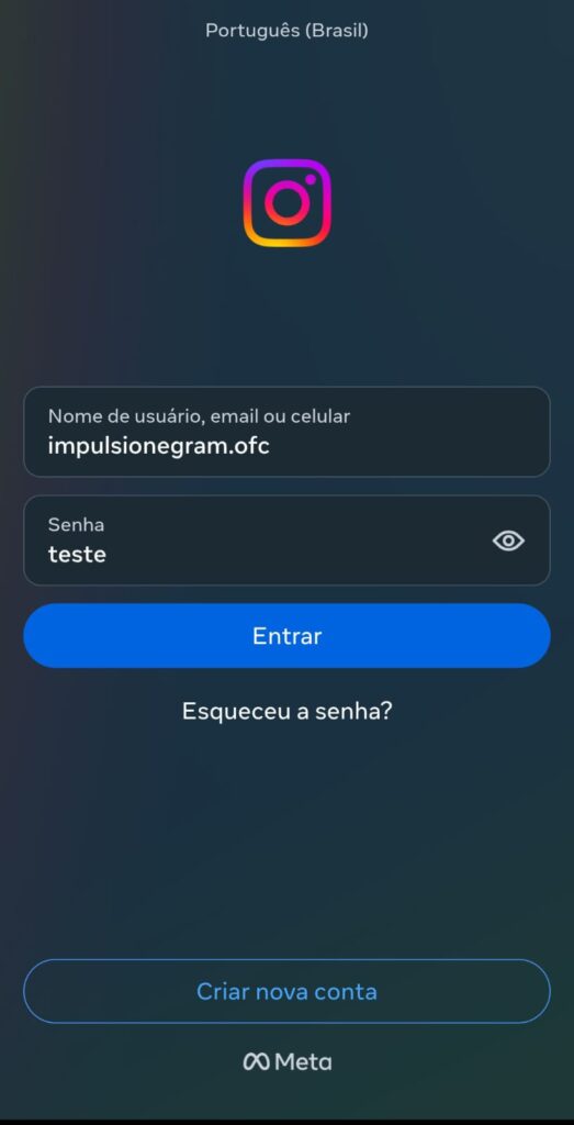 Tela de login do Instagram no navegador do celular com indicativos nos campos de digitação e opção entrar