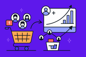 Ilustração estilo flat mostrando um carrinho de compras com ícones de seguidores sendo direcionado para uma tela com gráfico de crescimento e engajamento, representando o retorno ao comprar seguidores no Instagram.