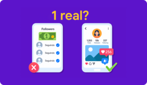 Comparação visual entre seguidores baratos de baixa qualidade e perfil com seguidores reais e engajamento no Instagram