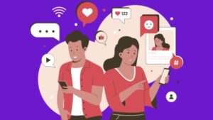 Desenho representativo de homem interagindo com postagem de mulher no Instagram fazendo alusão a distribuição de conteúdo da rede social