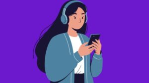 Desenho representativo de mulher escutando música enquanto mexe no celular fazendo alusão a função Replace Audio do Instagram