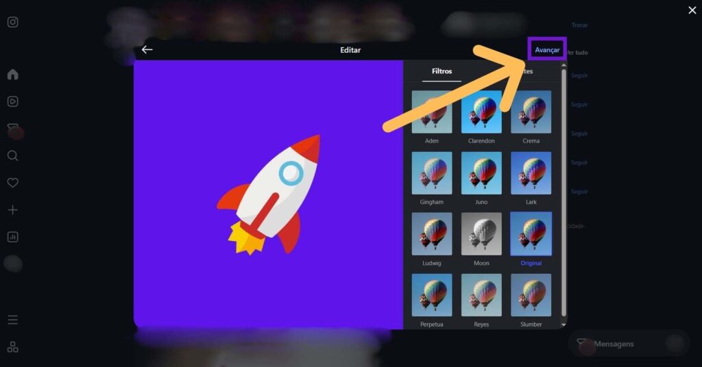 Foto com opções de edição e indicativos em "Avançar" no Instagram de PC