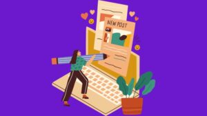Ilustração de profissional criando conteúdo pelo computador fazendo alusão a criar e agendar post no Instagram