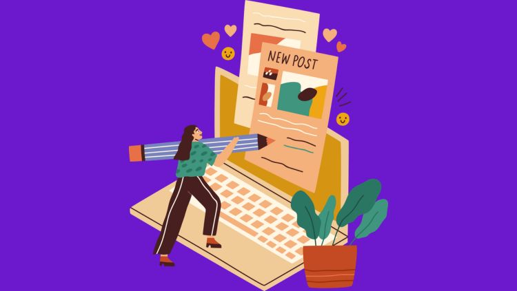 Ilustração de profissional criando conteúdo pelo computador fazendo alusão a criar e agendar post no Instagram