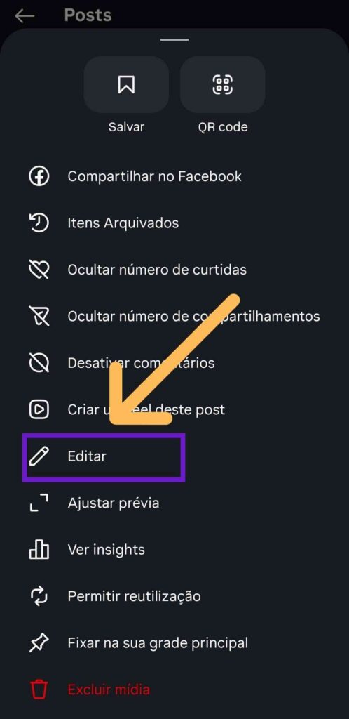Menu suspenso em publicação do Instagram com indicativos na opção "Editar"