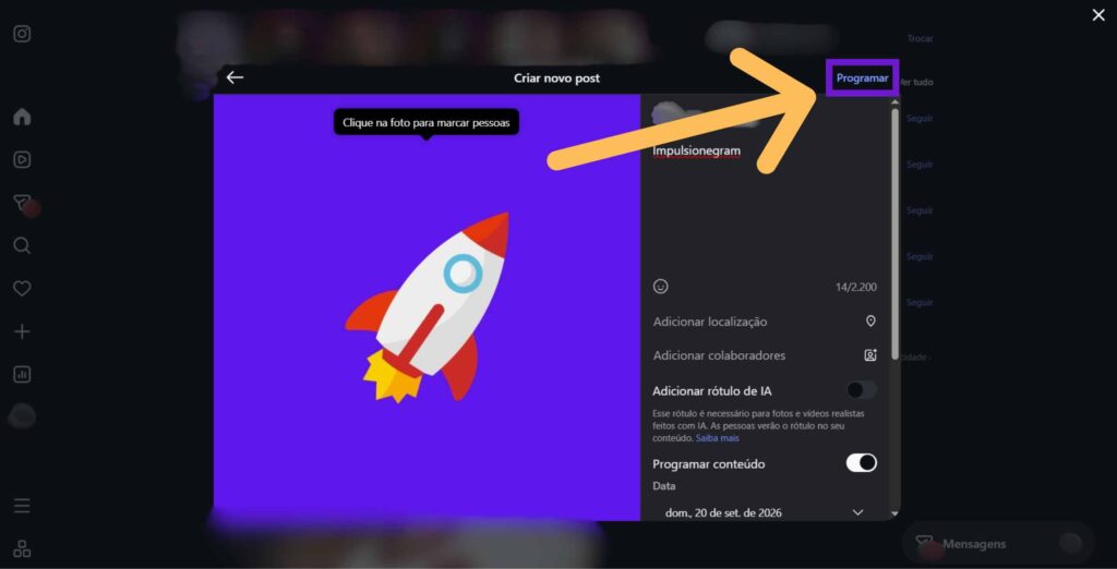 Publicação configurada no Instagram com indicativos em "Programar" para agendar post no Instagram