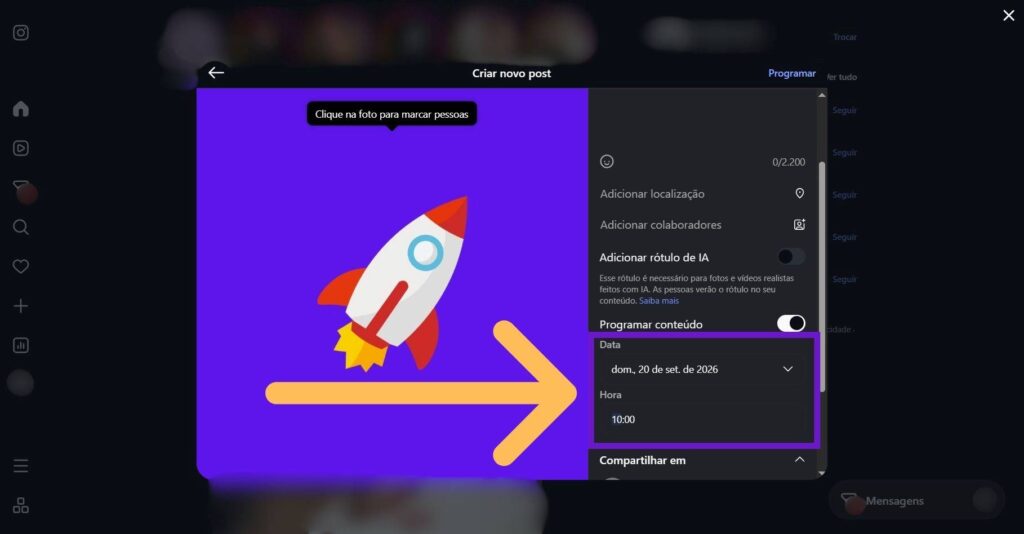 Tela de configuração final de conteúdo com indicativos em data e horário de agendar post no Instagram