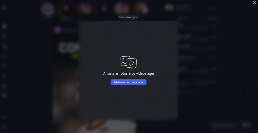 Tela de criação de post do Instagram solicitando upload de imagem ou vídeo para continuar