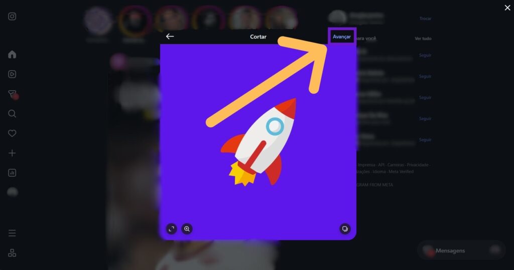 Tela de criação de post na versão desktop do Instagram com indicativos em "Avançar" após selecionar imagem