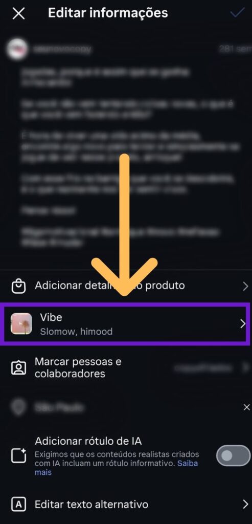 Tela de edição de postagem no Instagram com indicativos em música que pode ser alterada com função Replace Audio
