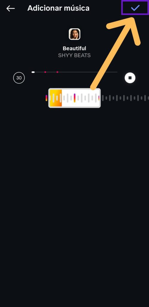Tela de seleção de trecho da música que irá tocar no post na função Replace Audio com indicativos no ícone de confirmação