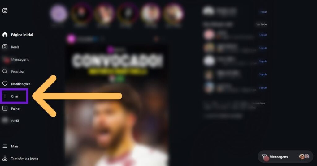 Tela inicial do Instagram de PC com indicativos em "Criar"