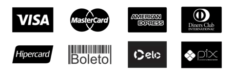 Pagamentos aceitos: Visa, Mastercard, American Express, Diners Club, Hipercard, Boleto, Elo e Pix